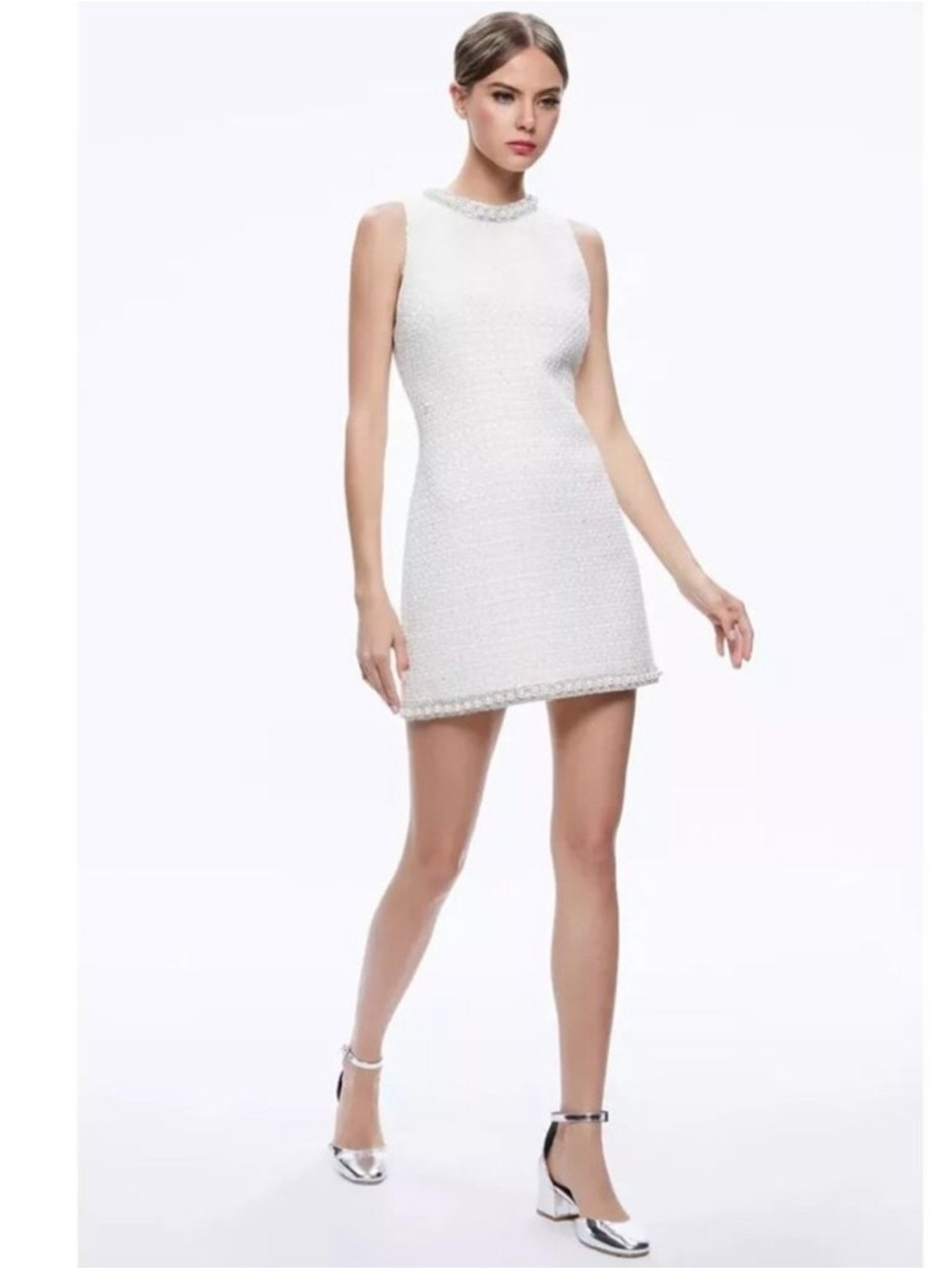 Alice + Olivia White Sleeveless Tweed Mini Dress with Pearl Trim